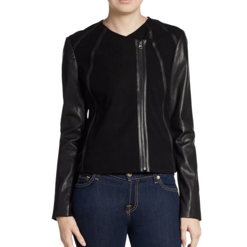 VINCE Designer Beautiful Soft Lamb Leather Contrast Point Black MOTO Jacket